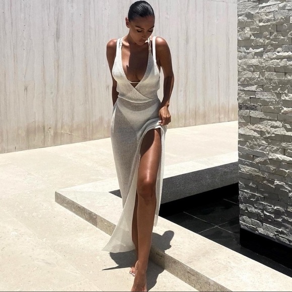 SOLD OUT White Sheer Knit Deep V Sexy Maxi Coverup Dress - Picture 2 of 11